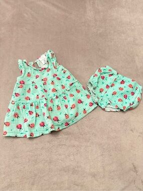 Koala Baby 2 Pc Ladybug Outfit 3 Months Mint Green Dress Bloomer Set 100% Cotton